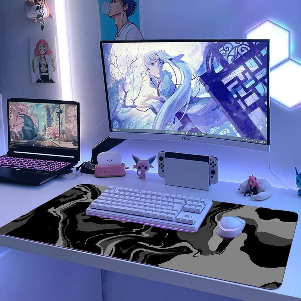 Alfombrilla de mouse gaming de línea líquida, accesorios gaming, tapete de escritorio topográfico, alfombra negra y gris con diseño de mármol, 100 × 50 cm, mouse pad personalizado para PC, tapete para escritorio