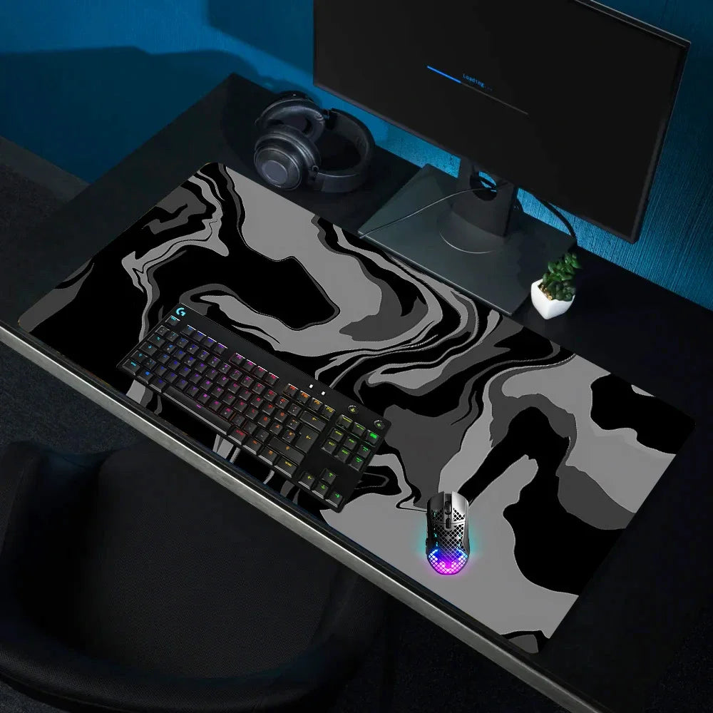 Alfombrilla de mouse gaming de línea líquida, accesorios gaming, tapete de escritorio topográfico, alfombra negra y gris con diseño de mármol, 100 × 50 cm, mouse pad personalizado para PC, tapete para escritorio