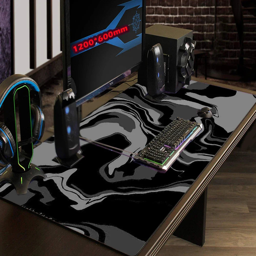 Alfombrilla de mouse gaming de línea líquida, accesorios gaming, tapete de escritorio topográfico, alfombra negra y gris con diseño de mármol, 100 × 50 cm, mouse pad personalizado para PC, tapete para escritorio