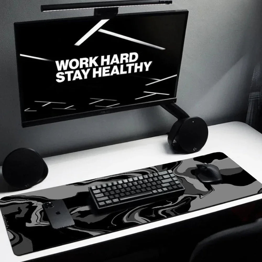 Alfombrilla de mouse gaming de línea líquida, accesorios gaming, tapete de escritorio topográfico, alfombra negra y gris con diseño de mármol, 100 × 50 cm, mouse pad personalizado para PC, tapete para escritorio