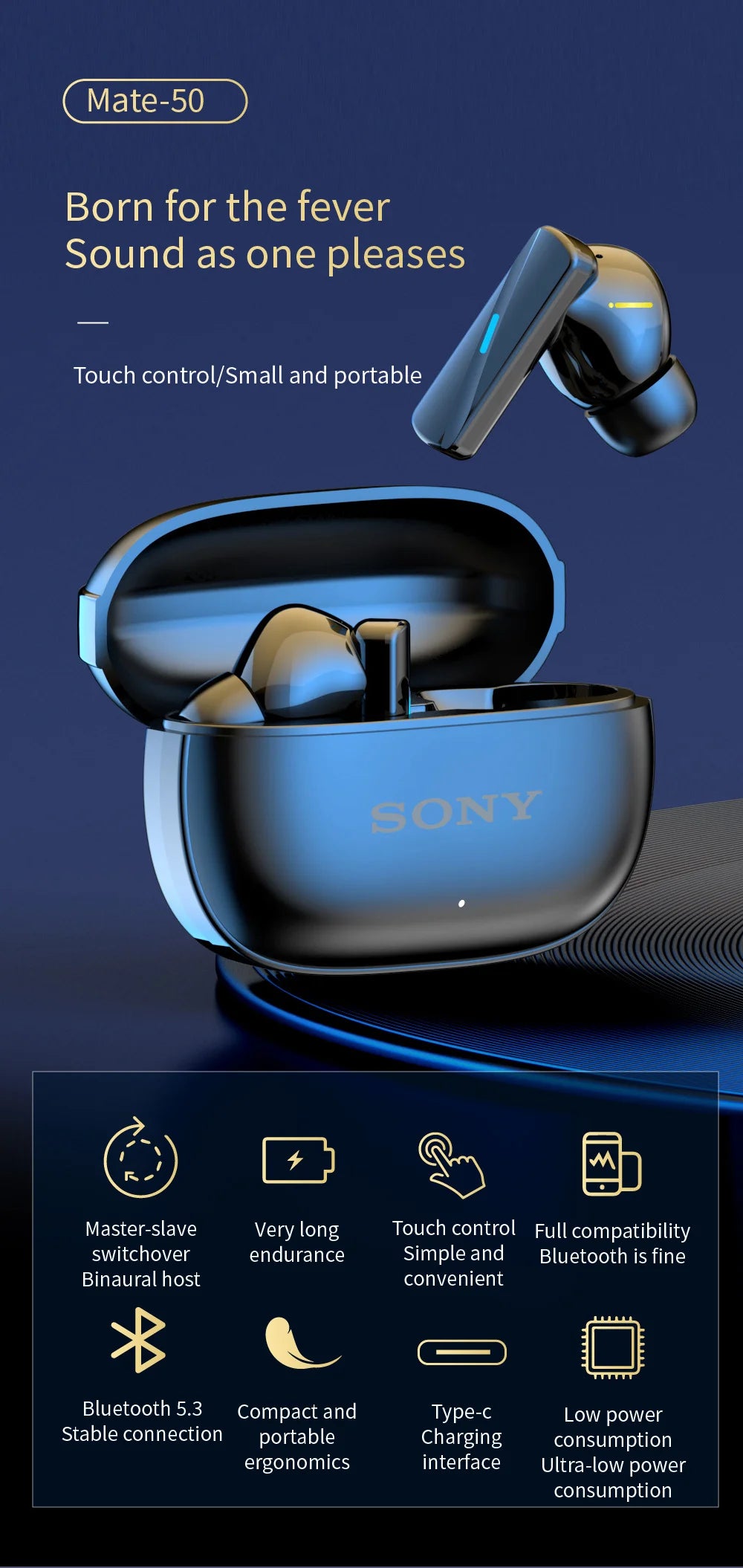 Original Sony Mate 50 TWS Wireless Bluetooth Earphones In Ear True Sport Headphones HiFI Stereo Game Waterproof Headset With Mic
