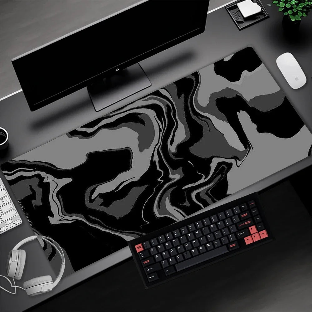 Alfombrilla de mouse gaming de línea líquida, accesorios gaming, tapete de escritorio topográfico, alfombra negra y gris con diseño de mármol, 100 × 50 cm, mouse pad personalizado para PC, tapete para escritorio